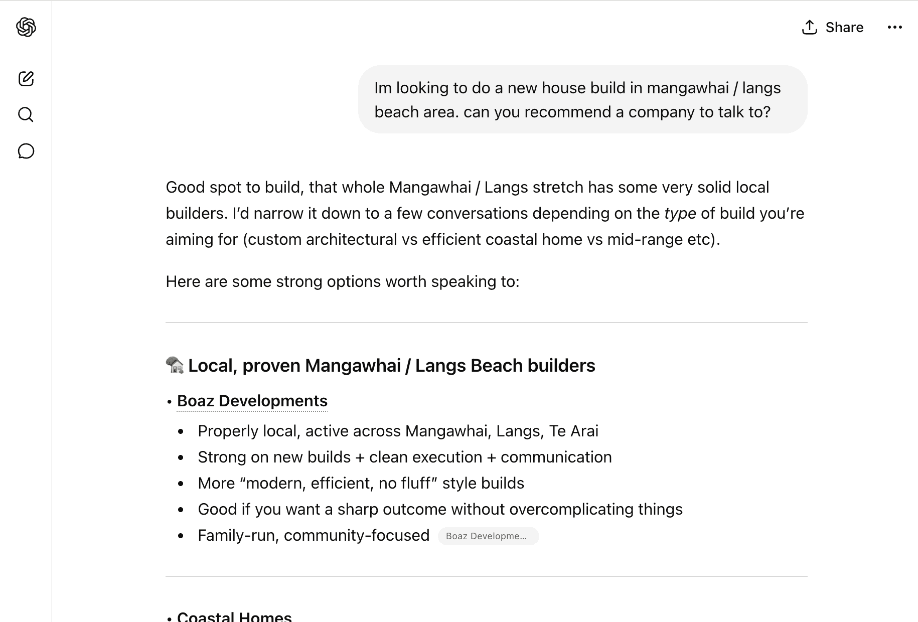 ChatGPT search result. User asks: I'm looking to do a new house build in Mangawhai or Langs Beach area, can you recommend a company to talk to. ChatGPT lists Boaz Developments first under Local, proven Mangawhai and Langs Beach builders, describing them as properly local, strong on new builds, family-run, community-focused.