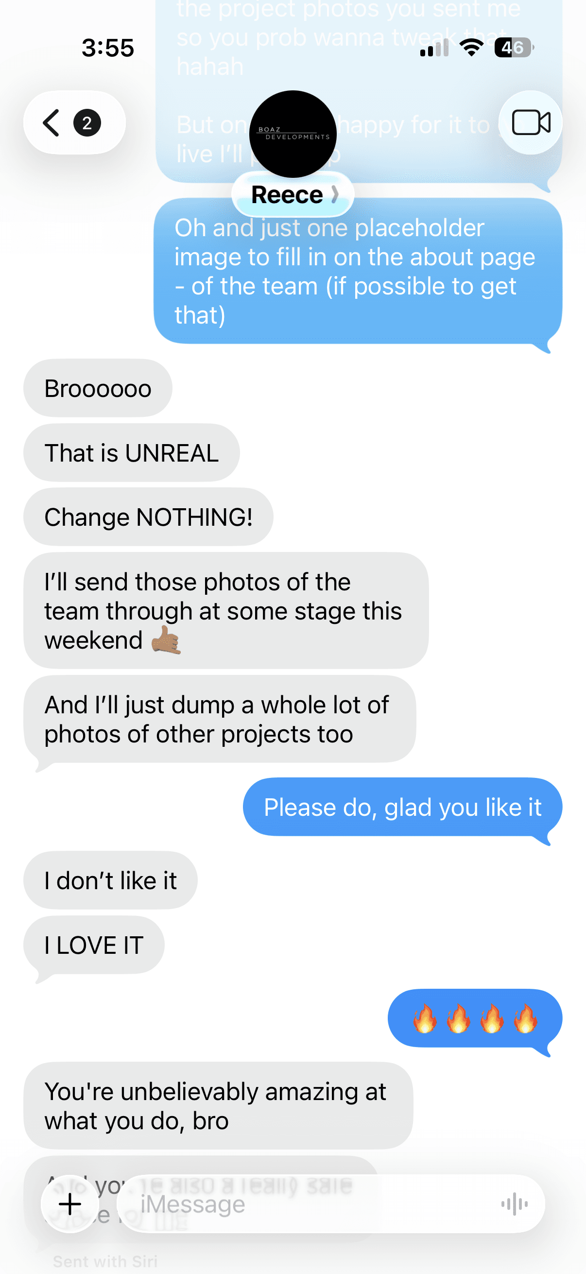 Text message exchange with Reece, shortly after the V1 link landed. Reece replies: Brooooo. That is UNREAL. Change NOTHING! I don't like it. I LOVE IT.