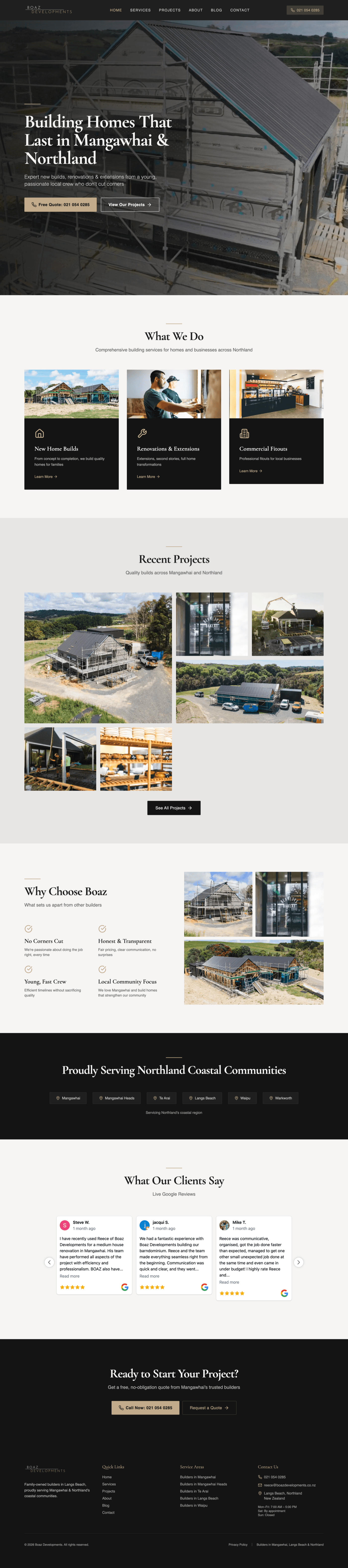 Boaz Developments homepage after. Real project photography, service-led layout, research-driven copy.