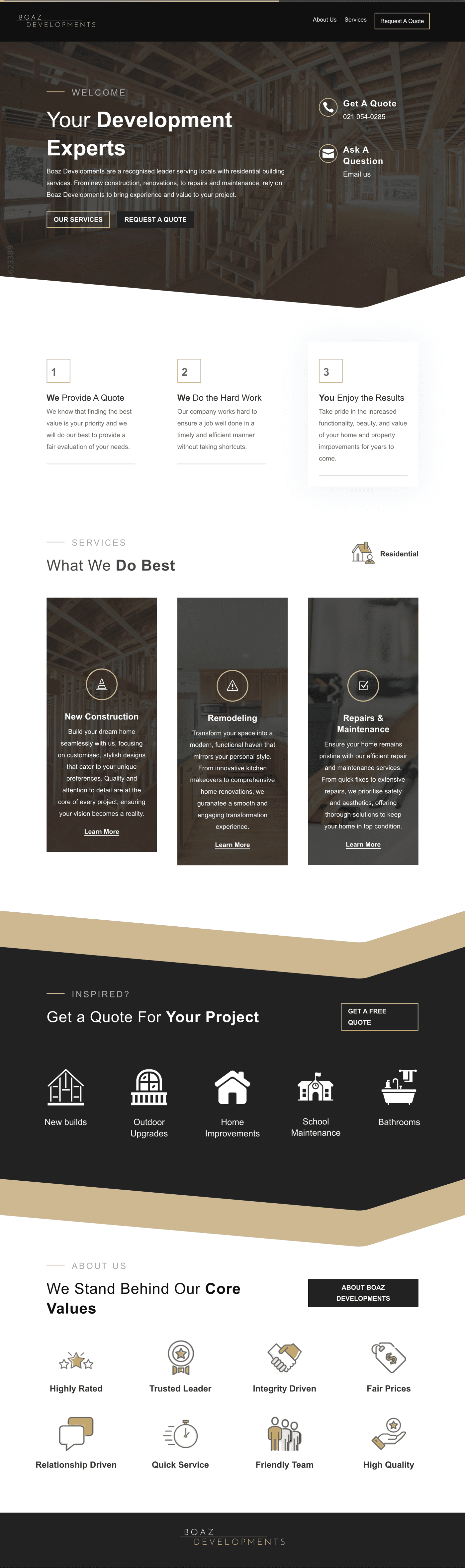 Boaz Developments homepage before. Generic dark builder template, stock framing imagery, vague headlines.