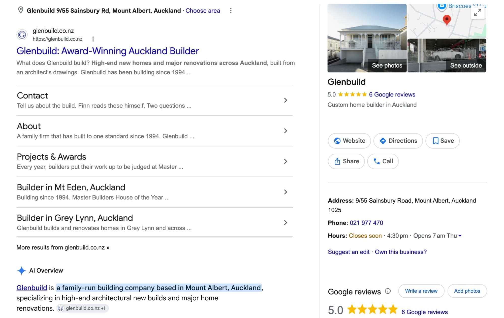 Google results for glenbuild after. The site listed as Glenbuild: Award-Winning Auckland Builder with sitelinks for Projects and Awards, Mt Eden and Grey Lynn, a business profile with 6 Google reviews categorised as a custom home builder, and an AI Overview describing Glenbuild as a family-run building company in Mount Albert.