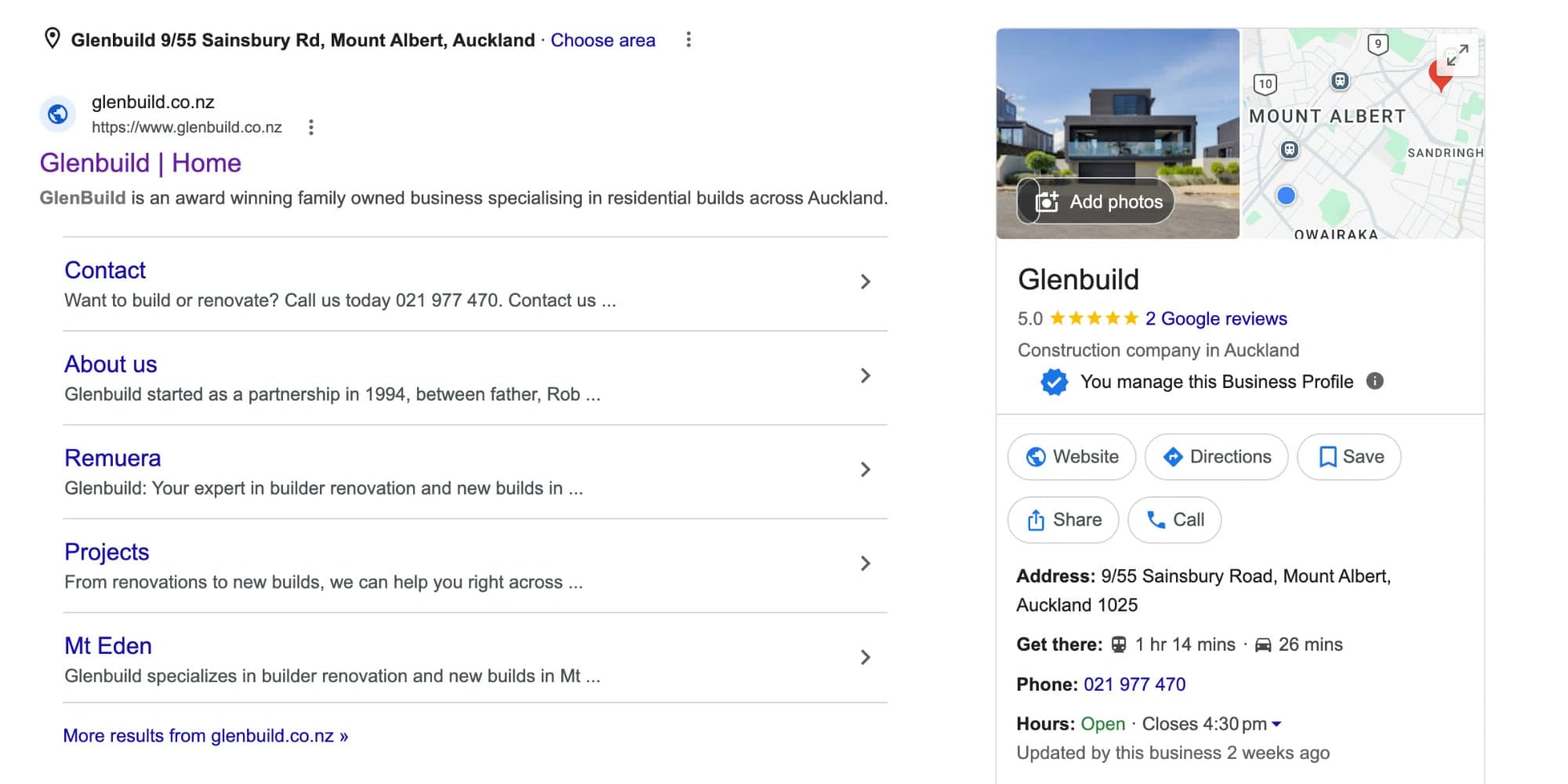 Google results for glenbuild before. The site listed as Glenbuild | Home with generic sitelinks, and a business profile showing 2 Google reviews, categorised as a construction company.