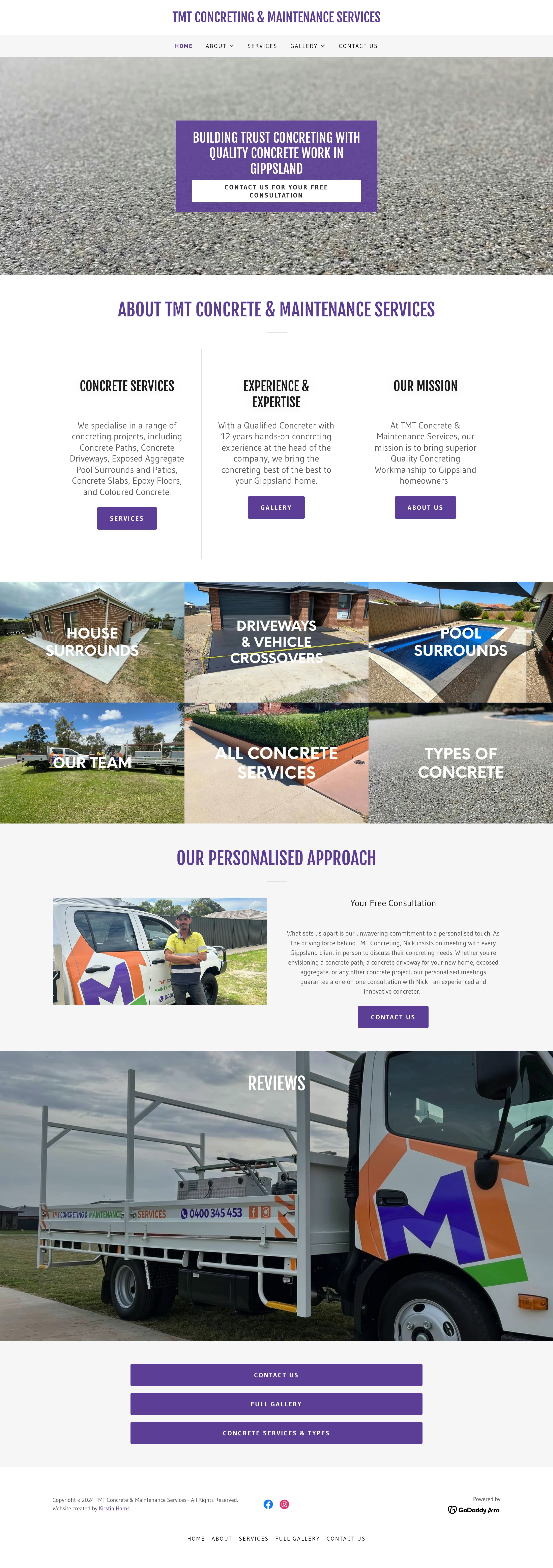 TMT homepage before. Purple homepage with a Building Trust headline over a bitumen photo, a single services list and a gallery grid.